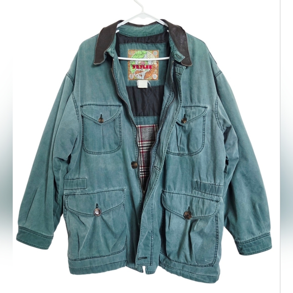 VTG Joylee Field Jacket Men's L Green Canvas Leather Collar Plaid Lined 80s Rare